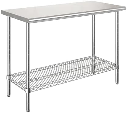 Stainless-Steel Commercial-Grade NSF-Certified Prep Table Cart, 24"W x 20"D | Heavy-duty durable utility workstation supports up to 450 lb w/ adjustable wire shelf and sliding basket on locking wheels