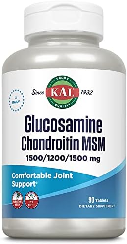 KAL Glucosamine Chondroitin MSM, Joint Support Supplement for Women and Men, 1500mg Glucosamine Sulfate, 1200mg Chondroitin, MSM, Rapid Disintegration, 60-Day Guarantee, 30 Servings, 90 Tablets