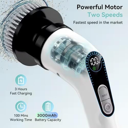 Electric Spin Scrubber for Cleaning, Cordless Power Scrubber with Long Handle, 10 Replaceable Brush Heads, 2-Speed, IPX7 Waterproof for Bathroom