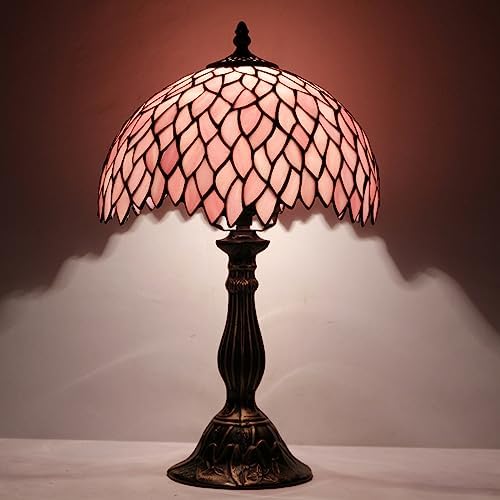 WERFACTORY Tiffany Table Lamp Pink Wisteria Style Stained Glass Desk Light | Bedside Reading Light 12X12X18 Inches Decor Bedroom Living Room Home