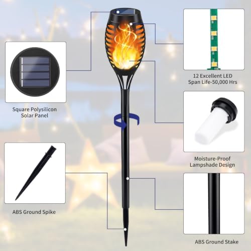 KYEKIO 12Pack Solar Torch Light with Flickering Flame for Halloween Decor