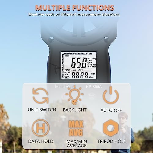 Holdpeak 866A Anemometer HVAC, Pro CFM Air Flow Meter for Wind Speed Temp Humidity Dew Point Airflow Measuring Device