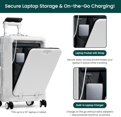 Nobl Travel Carry on Luggage, Zipperless Aluminum Frame, TSA Locks | PC Hard Shell Suitcase, Airline Approved, 360° Spinner Wheels, USB Charging Port, Cup & Phone Holder, 22.5x15x9.5, Ivory