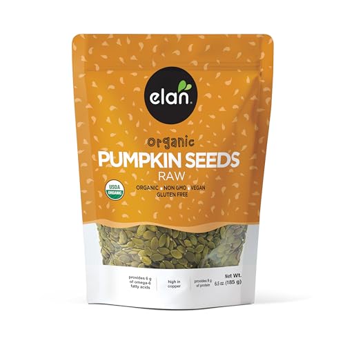 Elan Organic Pumpkin Seeds, 6.5 oz, Unsalted, Unroasted Shelled Kernels, No Shell, Non-GMO, Vegan, Gluten-Free, Kosher, Nutritious Seeds