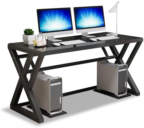 BINGTOO Glass Top Computer Desk with Metal Frame - Modern Simple Workstation for Home Office, Gaming, Writing, Study & Work, Black