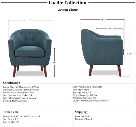 Homelegance Lucille Modern Accent Chair, Upholstered Reading Chair with Button-Tufted Back, Sloped Arms, Removable Seat Cushion Cover and Espresso Wood Legs, for Living Room, Bedroom or Office, Blue