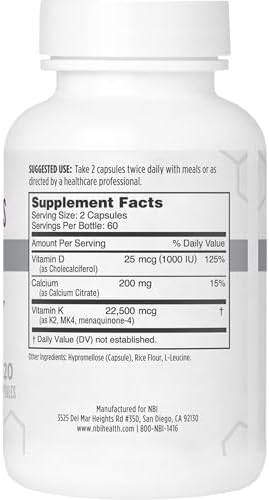 NBI Osteo-K Bone Support - Mini | Vitamin D & K Complex with Calcium Citrate Supplement | 45mg Vitamin K2 (MK4) for Strong Bone Health & Function | 120ct Veggie Capsules