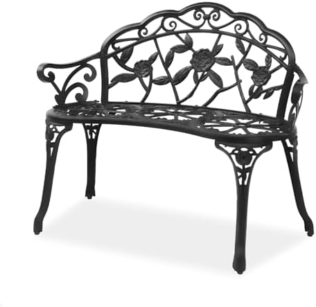 VINGLI 38.5" Patio Park Garden Outdoor Metal Rose Bench, 2-Person Cast Iron Cast Aluminium Frame Antique Finish Chair,Accented Lawn Front Porch Path Yard Decor Deck Furniture (Bronze, Rose)