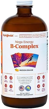 LIQUIDHEALTH Mega Energy Methylated B-Complex, Adult Liquid Vitamin Supplement - Increase Energy, Relieve Stress & Fatigue, Immune Support, Heart & Gut Health - Made in USA, Vegan, Sugar-Free (32 oz)