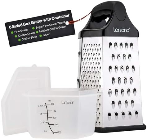 Cheese Grater with Container, Handheld Shredder, Zester (6 in 1) | 6 grating functions, coarse, medium, fine, micro, slicer blades, non-slip base