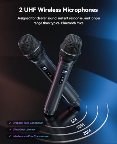 GKD80 Karaoke Machine for Adults with 2 Wireless UHF Microphone, 600W Peak Bluetooth Speaker with Dual 8'' Subwoofers