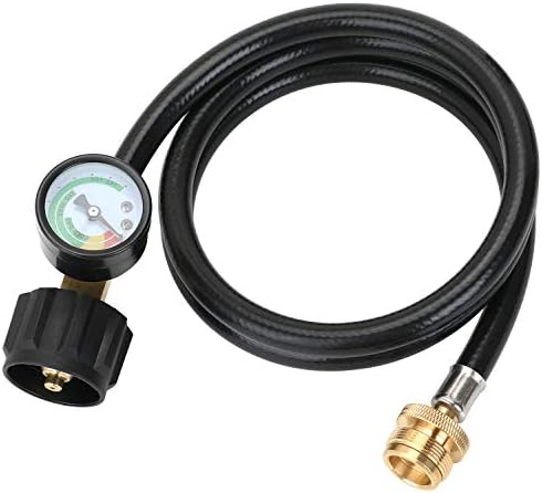 STYDDI 1lb to 20lb Propane Adapter Hose with Gauge, 4FT Propane Hose Converter Kit 1 lb to 20 lb for Weber Q Grill, Coleman Camp Stove