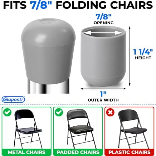 Folding Chair Leg Caps Gray 7/8 Inch (12 Pack) - Heavy Duty Nylon Chair End Caps, Non-Marring Round Hardwood Floor Protectors