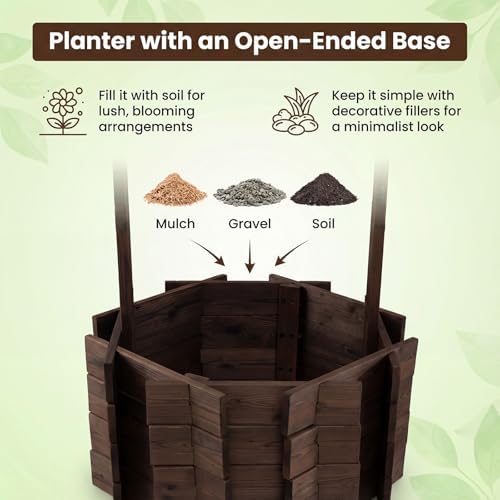 Giantex Wooden Wishing Well Planter with Hanging Bucket, Carbonized Fir Wood Outdoor Garden Planter for Flowers
