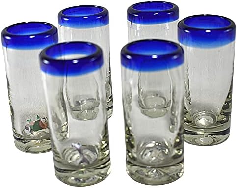 MAREY Hand Blown Drinking Glasses Artisan Crafted from Mexico Set of 6 pieces (Cobalt Blue Rim, Water 16 Oz.)