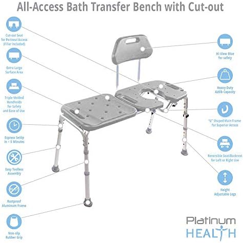 Tub Transfer Bench for Bathtub, All-Access Bath Bench with Cutout Seat | Slide Safely In & Out of the Tub - Blue, adjustable height, aluminum frame, cutout seat, extra-wide seat, cutout U-shape