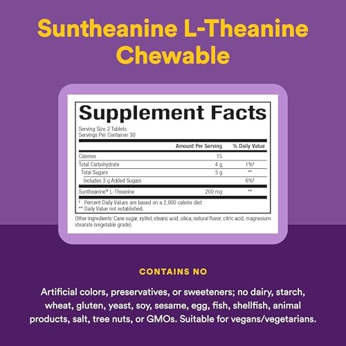 Natural Factors Suntheanine L-Theanine 100 mg - Health Supplement for Calm Outlook - L-Theanine Supplement Supports Relaxing Sleep & Aids Against Drowsiness - 60 Chewable Tablets (30 Servings)