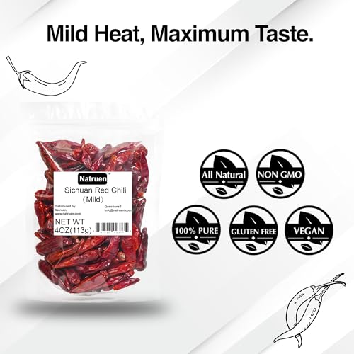 Natruen Dried Sichuan Red Chili Pods 4 oz, Medium Hot, Whole Chilies