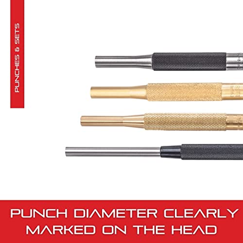 Starrett Brass Drive Pin Punch Set, 4" Length, 1/16"-5/16" Dia, 8 Pieces | With Knurled Grip in Protective Fabric Pouch, Non-Sparking