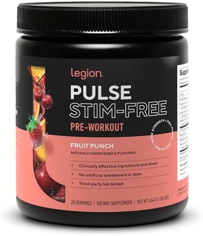 LEGION Pulse Pre Workout Supplement - All Natural Nitric Oxide Preworkout Drink to Boost Energy, Creatine Free, Naturally Sweetened, Beta Alanine, Citrulline, Alpha GPC (Caffeine Free Blue Razz)