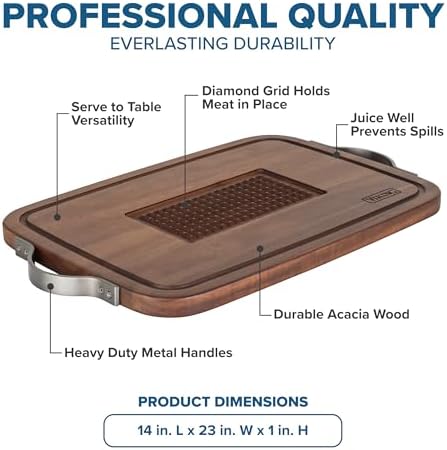 Viking Cutting Board, Acacia Wood Kitchen Butcher Block Carving Board with Juice Groove and Metal Handles, 23 x 14 x 1 Inch