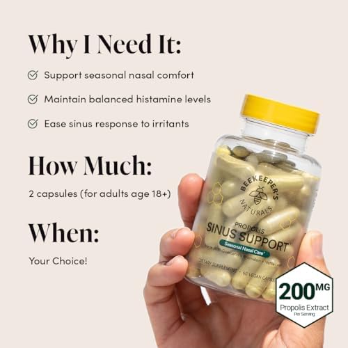 Beekeeper's Naturals Sinus Support for Adults, Quercetin & Bromelain, 60 ct | All Natural, Seasonal Nasal Care Relief, Propolis, Quercetin, Bromelain