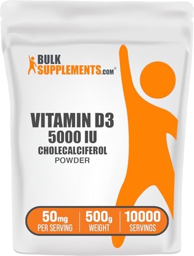BulkSupplements.com Vitamin D3 Powder - Cholecalciferol, Vitamin D Supplements, 5000 IU - Gluten Free, 50mg (125mcg of Vitamin D3) per Serving, 250g (8.8 oz) (Pack of 1)