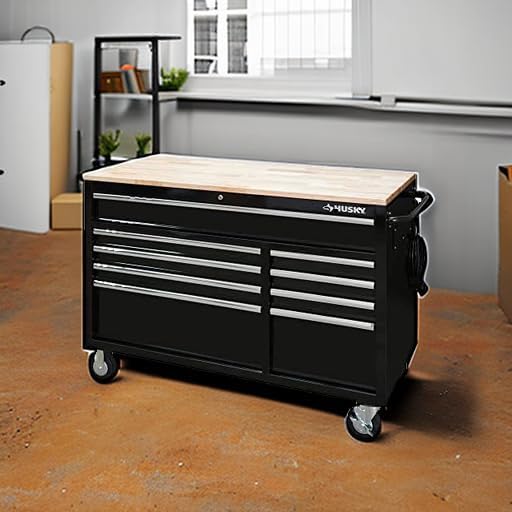 HuskyTools Husky 52 in. x 24.5 in. D 9-Drawer Mobile Workbench in Black
