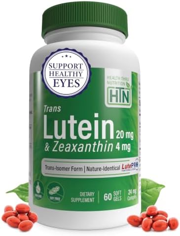 Trans Lutein 20mg Trans Zeaxanthin 4mg, 60 Softgels Health Thru Nutrition | Trans-Isomer Lutein Supplement Marigold Extract in Nature Identical 5:1 Ratio | Supports Healthy Eye, Skin and Brain, Non-GMO
