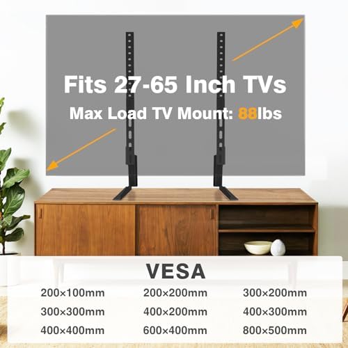 TAVR Universal Table Top TV Stand for 27-65 inch TVs Holds up to 88 lbs | Height Adjustable TV Legs, Strong TV Base, Max VESA 800x500mm, Black