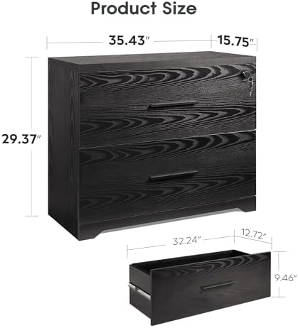 DEVAISE Lateral File Cabinet with Lock, 2 Drawer Filing Cabinet, Black