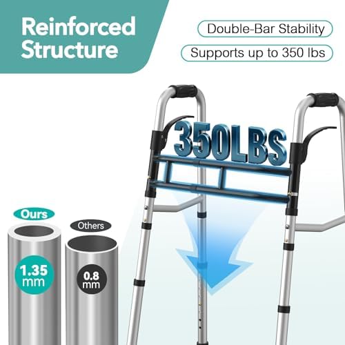 HOMENURSE Folding Walkers for Seniors with Skis, Width & Height Adjustable | Narrow Walker with 5" Wheels for Small Spaces, Aluminum Lightweight Standard Rolling Walker, Supports Up to 300lbs, Silver