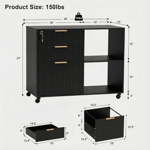 3 Drawer Fluted Mobile Filing Cabinet with Lock, Lateral Rolling Under Desk File Cabinet, Wooden Printer Stand Table for Home Office Essentials Storage Organization Furniture Letters/A4(Oak)