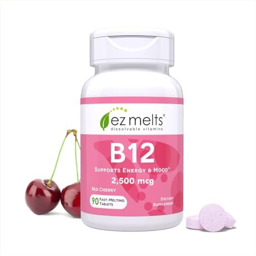 EZ Melts Dissolvable B12 Methylcobalamin 2,500 mcg - Vitamin B12 for Energy & Immune Support - Non-GMO, Vegan & Gluten-Free - Red Cherry - 90 Sublingual Tablets (90 Servings)