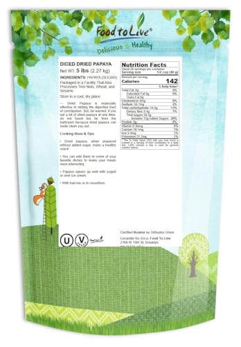 Food to Live Dried Diced Papaya, 10 Pounds Kosher, Vegan, Sweetened, Unsulfured, Bulk