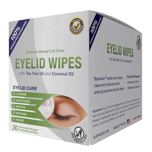 Lunovus Premium Eyelid Wipes With Tea Tree and Coconut Oil - Cleansing Wipes for People Itchy Eyes - Individually Wrapped - Box Of 30 Natural Eye