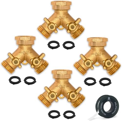 Brass Heavy-Duty Garden Hose Water Splitter | LEAD-FREE 2-Way Y Splitter for Water Spigot & Faucet | Manifold Connector ON/OFF Valves w/Improved Comfort Grip, 3 Extra Washers & Teflon Tape