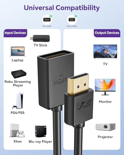 VCE 2-Pack HDMI Male to Female Swivel Adapter HDMI Extension Gold Plated Converter for Google Chrome Cast, Roku Streaming Stick | 4K@60Hz