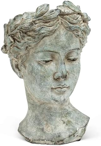 Abbott Collection Large Woman Head Planter | Hand-Finished Greco-Roman Style, Indoor & Outdoor, For Flowers & Succulents, Cement, Gray, 10"H