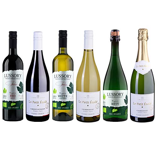 Organic Non-Alcoholic Wine Sampler -Six (6) Bottles 750ml Each - Lussory Organic Merlot, Chardonnay, Brut and Le Petit Étoilé Cabernet, Chardonnay