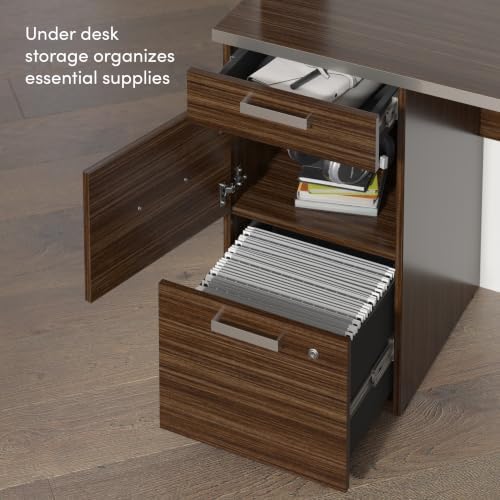 Bestar U Shaped Desk with Drawers, Hutch, and Keyboard Tray, Executive Workstation for Home or Professional Office, 65 Inches, Ridgeley Collection, White Chocolate
