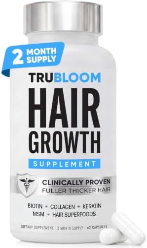 TRU BLOOM Hair Vitamins for Women and Men | Clinically Proven Hair Growth Supplements for Thinning Hair, Hair Loss, Thicker Fuller Hair | Biotin Collagen Keratin, Hair Growth Vitamins with DHT Blocker