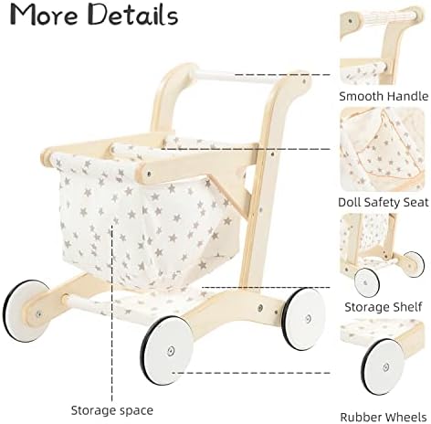 labebe Baby Push Walker, Wooden Shopping Cart with Doll Seat for Toddlers