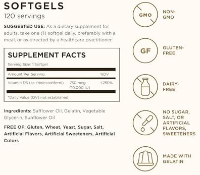 Solgar Vitamin D3 (Cholecalciferol) 250 MCG (10,000 IU), 120 Softgels - Helps Maintain Healthy Bones & Teeth - Immune System Support - Non GMO, Gluten/ Dairy Free - 120 Servings