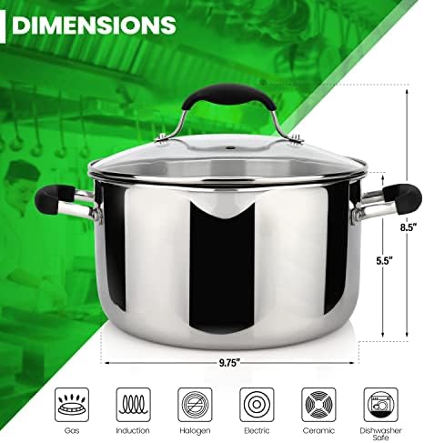 AVACRAFT 6 Quart Stainless Steel Stock Pot with Glass Strainer Lid | 5-Layer Capsule Base, Tempered Glass Strainer Lid, Drip-Free Pour Spouts, Induction Compatible, Dishwasher Safe