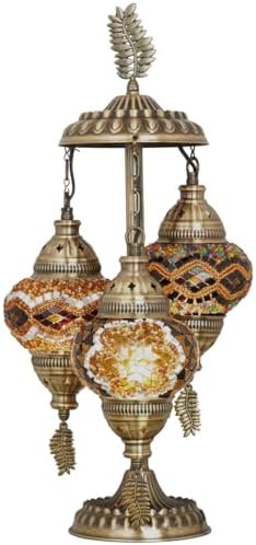 DEMMEX 3-Globe Turkish Moroccan Table Lamp, Tiffany Mosaic Glass Bedside Night Light, Handmade Colorful Mosaic Glass Globes & Antique Brass Finish Base, 21" H, Multicolor