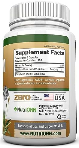 NutriONN Psyllium Husk Capsules - 1450mg - 240 Capsules - Made in USA - Double Strength - Premium Psyllium Fiber Supplement - Great for Digestion