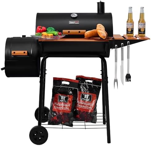 Royal Gourmet CC1624W Barrel Charcoal Grill with Offset Smoker, 552 Sq. In. | Wooden Front and Side Shelf with Hooks, Mesh Bottom Shelf