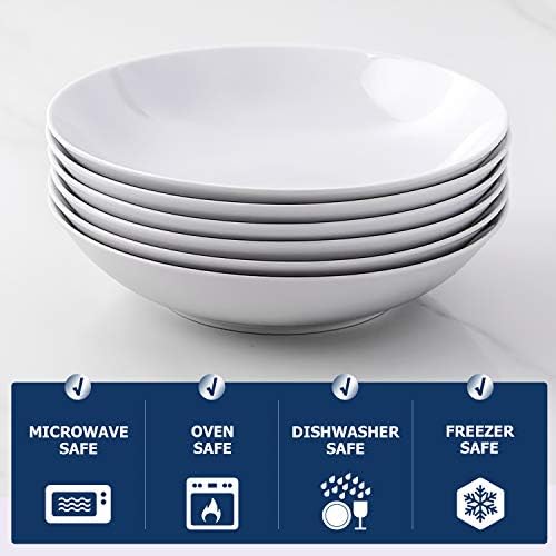 Y YHY 9" Pasta Bowls, 40oz Large Salad Bowls Set of 6, Wide Shallow Ceramic Bowls for Serving Soup, White Dinner Plates Set for Kitchen