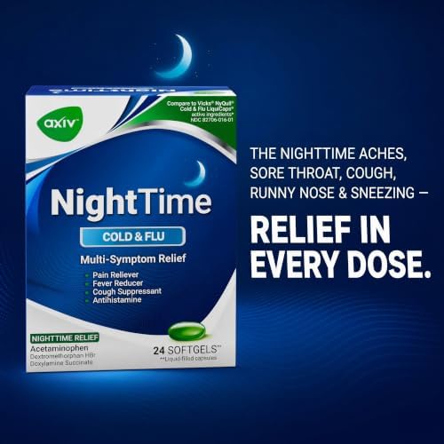 AXIV Nighttime Cold & Flu Relief Softgels, Multi-Symptom Nighttime Relief for Headache, Fever, Sore Throat, Minor Aches and Pains, Sneezing, Runny Nose, and Cough 24 Count